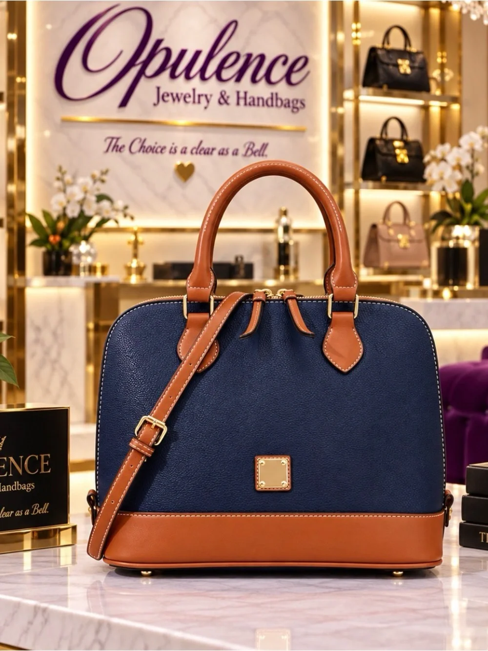 Navy and Tan Leather Satchel - Women Bags